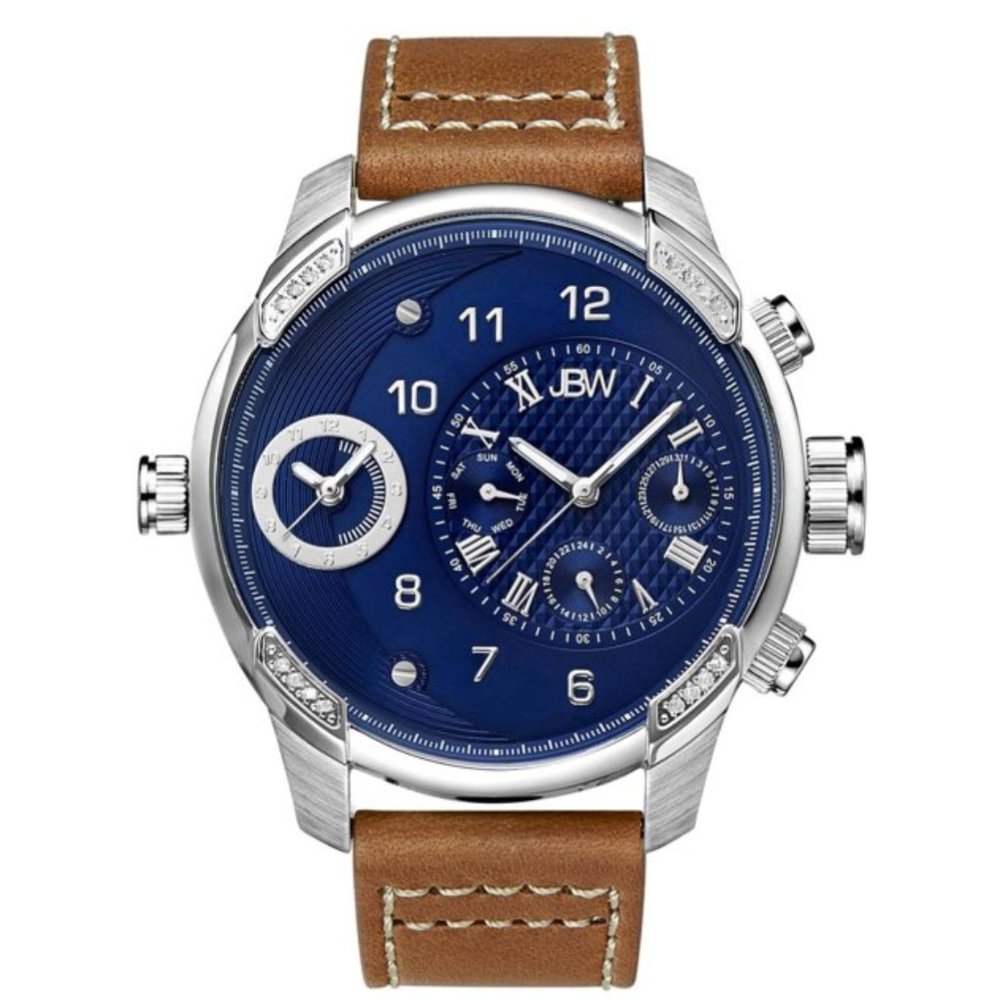 JBW Men's G3 Diamond 46mm Brown Leather Band Steel Case Swiss Quartz Blue Dial A
